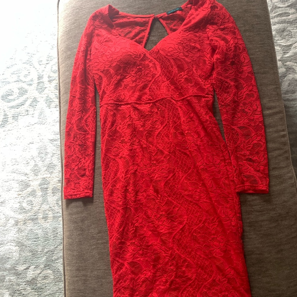 Red open back lace dress
